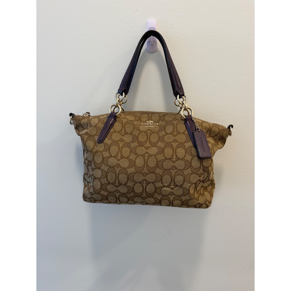 Coach Signature Jacquard Satchel Khaki Purple Leather Gold Hardware Y2K Bag